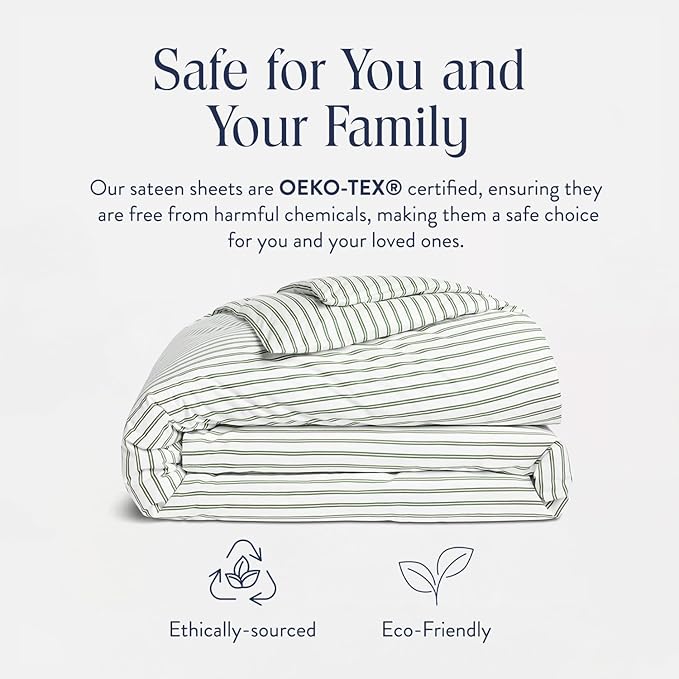 Brooklinen Luxury Sateen Duvet Cover - 100% Cotton, Twin/Twin XL Size in Green Tandem Stripe with Extra-Long Corner Ties and Button Closure - Best Twin/Twin XL Duvet Covers