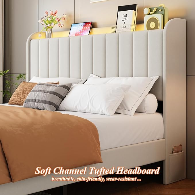 Queen Size Bed Frames with Storage Headboard and 2 Drawers, Upholstered Platform Bed Frame Queen with Led Lights and Handy Charging Station, No Box Spring Needed, Easy Assembly, Noise Free, Beige