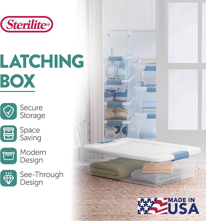 Sterilite 18-Pack Latching Box, Under Bed Storage Bins with Lids, Clear Plastic, 32 Quart - Heavy-Duty Organizing Containers for Closet, Bathroom, and Office