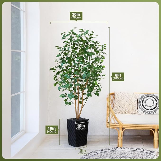 6ft Artificial Ficus Tree,Tall Faux Tree with Silk Leaves & Real Wood Trunk,UV Resistant Potted Fake Plant with Pebbles & Planter-Indoor Outdoor Floor Plant for Home Living Room,VN129
