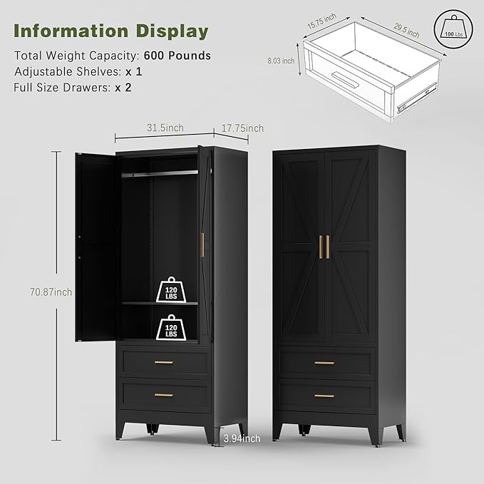 COFaR Metal Wardrobe Cabinet, 71 Farmhouse Armoire Wardrobe Closet with Rods, 2 Barn Doors, Adjustable Shelves, Steel with 2 Drawer Bedroom armoires, Black