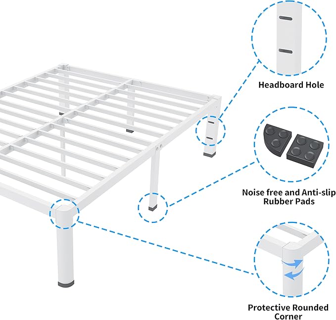 ROIL 14 Inch White Queen Bed Frame with Rounded Corner and Headboard Hole Mattress Retainers 3500LBS Heavy Duty Steel Slats No Box Spring Needed Platform Noise-Free Easy Assembly