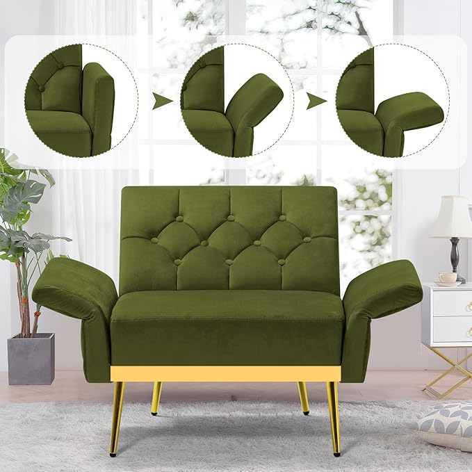 Velvet Accent Chair w/Adjustable Armrests and Backrests, Tufted Single Sofa with Ottoman, Upholstered Reading Chiar for Living Room, Apartment, Bedroom, Olive Green