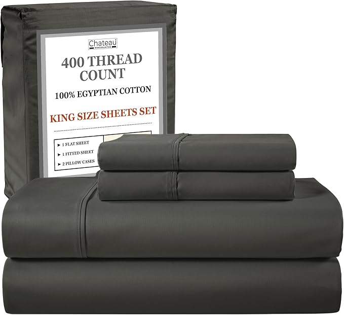 100% Cotton Sheets King Size Sheets Set With Fitted Sheet & Pillowcase Sets, 400 Thread Count Sateen Weave 4 Piece Deep Pocket King Sheet Set, Soft & Comfy Naturally Cool Luxury Bedding- Charcoal