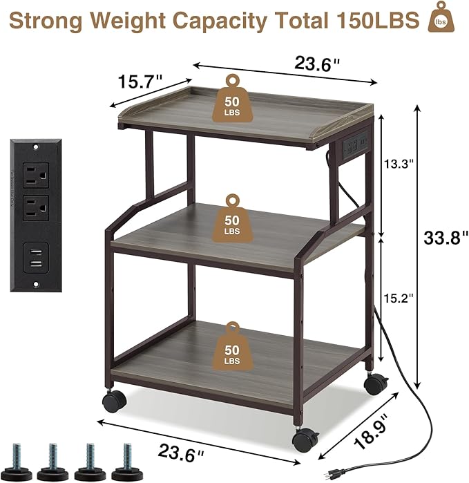 Lauren&Harold 34'' Printer Stand with Power Outlets & USB Ports, 3-Tier Adjustable Rolling Cart, Heavy Duty 150LBS Storage Table with Wheels for Office, Kitchen, Living Room, Grey/Bronze