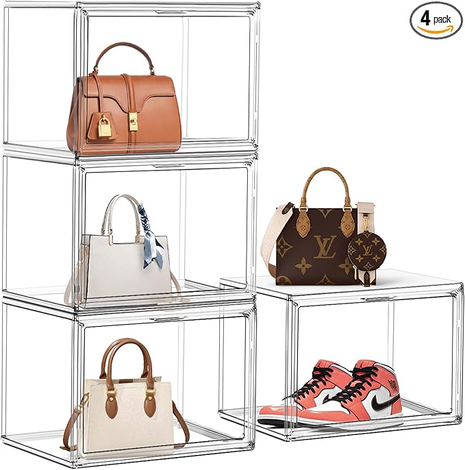 4 Pack Clear Shoe Box Organizer,Size 14 Acrylic Display Cases for Book Cosmetic Figures Collectibles Showcase,X-Large Bag Stackable Plastic Storage Bins with Magnetic Lid