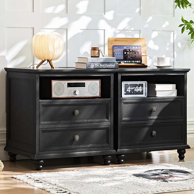 24" Wide Farmhouse Nightstand with Charging Station, End Table with 2 Drawers, Black Wood Dresser for Bedroom Cabinet, Bed Side Table Chest of Drawers, Night Stand for Living Room, Closet