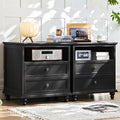 24" Wide Farmhouse Nightstand Set of 2 with Charging Station,End Table with 2 Drawers,Black Wood Dresser for Bedroom Cabinet, Bed Side Table Chest of Drawers, Night Stand for Living Room