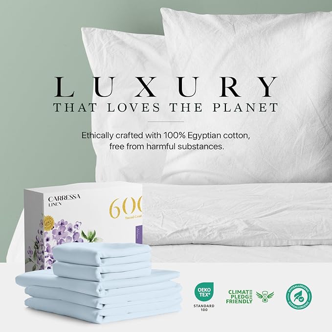Carressa Linen Split King Sheets Sets for Adjustable Bed - 100% Egyptian Cotton 600 Thread Count 5 PC Top Split King Sheet Set (Light Blue), 16" Deep Pocket Silky Soft Cooling Luxury Hotel Sheets