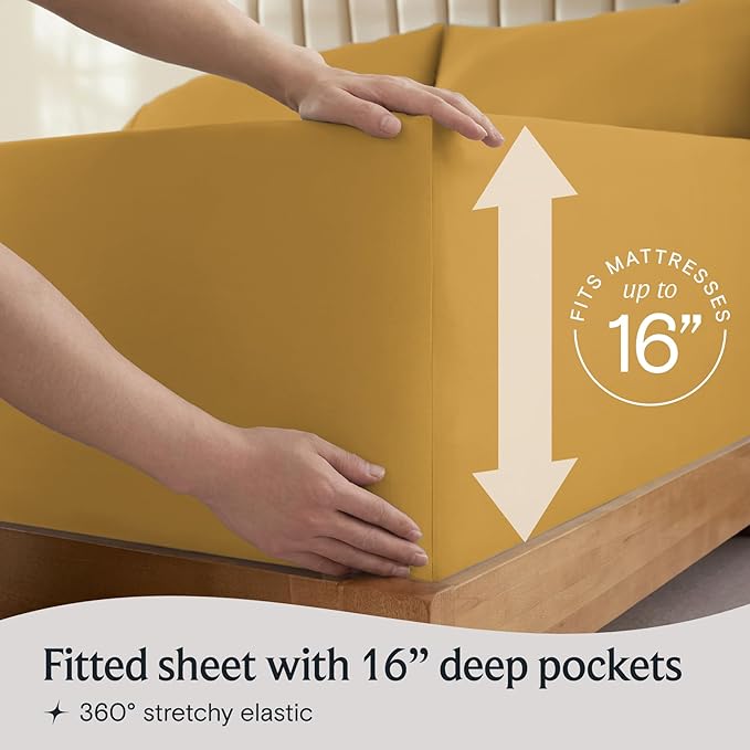 LuxClub 4 PC Queen Sheet Set, Deep Pockets Wrinkle Free Cooling Bed Sheets Hotel Bedding for Women, Men, Includes 1 Fitted Sheet, 1 Flat Sheet and 2 Pillowcases-Silky Soft Medallion Gold