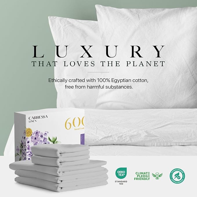 Carressa Linen 100% Egyptian Cotton Split King Sheets Sets for Adjustable Bed - 600 Thread Count 5 PC Top Split King Sheets, 16" Deep Pocket Soft Cooling Sheets for Split King Adjustable Bed - Silver