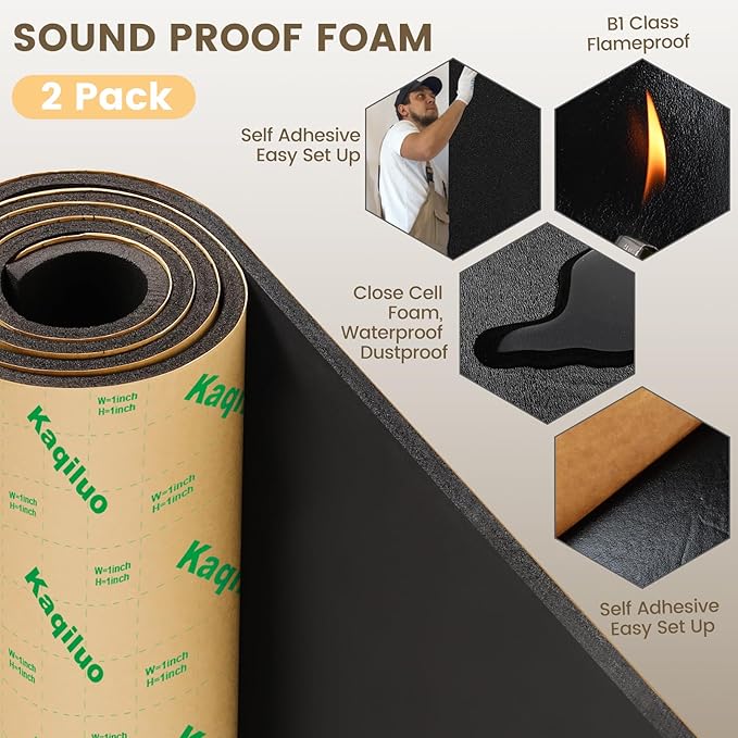 2 Pack High Density Self-Adhesive Sound Insulation Acoustic Closed Cell Foam, 11.6 sqft x 0.4in Thick, 50+kg/m³ Sound Proof Padding,Fire,Water Resistant Acoustic Treatment Foam