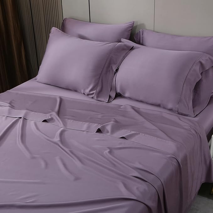 Queen Sheets, Rayon Derived from Bamboo, Cooling Bed Sheets Set,Deep Pocket Up to 16", 4 Pieces Silky Soft, Breathable Bedding Sheets & Pillowcases(Dusty Purple,Queen)