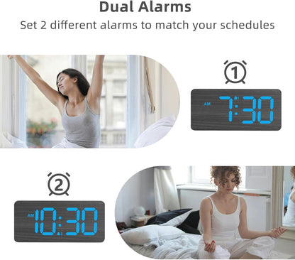 uscce Wooden Digital Alarm Clocks for Bedrooms: Dimmable Dual Alarm Clock with Large Numbers for Bedside Desk - Loud Alarm for Heavy Sleepers with Volume Control - Wood Decor & Gifts