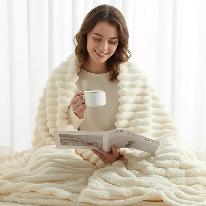 decorUhome Christmas Soft Fleece Beige Blanket Queen Size for Bed, Cozy Fluffy Plush Flannel Large Striped Throws for Couch Sofa, Lightweight Decorative Fuzzy Blanket for Woman, 90x90 Inches