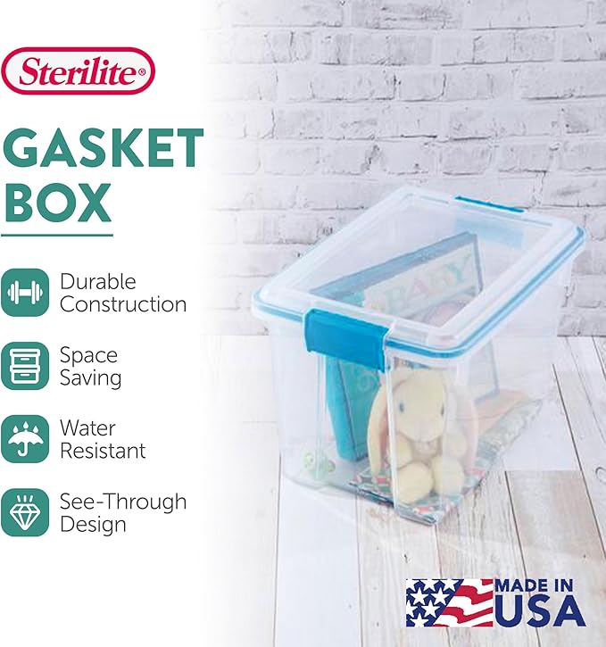 Sterilite 18-Pack Gasket Box, Weather-Resistant Storage Bins with Latching Lids, 20 Quart - Heavy-Duty Organizing Containers for Closet, Bathroom, and Office