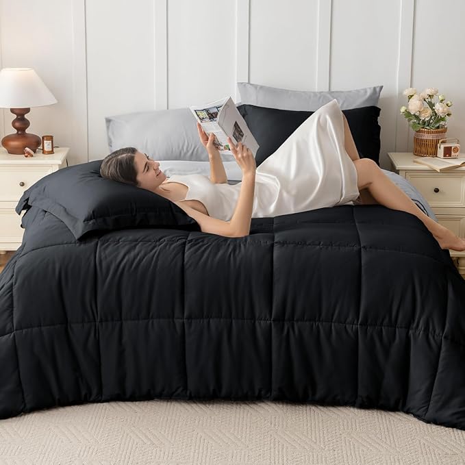JOLLYVOGUE Full Comforter Set, Ultra-Soft Bed in a Bag Full Size 7 Pieces, Oeko-TEX Certified Bedding Set with Down Alternative Comforter, Sheets, Pillowcases & Shams, Black & Light Grey
