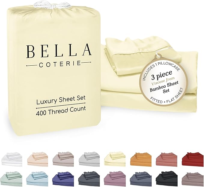 Bella Coterie Luxury Bamboo Viscose Twin XL Size Sheet Set | 100% Organically Grown | Ultra Soft | Cooling for Hot Sleepers | 18" Deep Pocket [Lemonade]