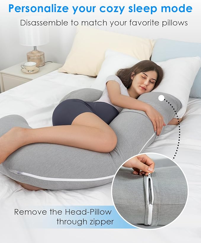 QUEEN ROSE Pregnancy Pillow, E Shaped Body Pillows for Sleeping Support, 60 Inch Maternity Pillow for Pregnant Women with Cooling Silky Cover, Grey