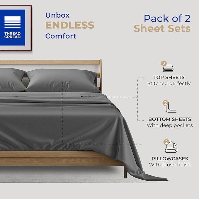 THREAD SPREAD 2-Pack Twin Cotton Sheets Sets - 400 Thread Count 100% Cotton Sateen Weave - Extra Soft, Breathable, Hotel Quality Cooling Sheets, 2 Sets of Twin Size Deep Pocket Bed Sheets (Dark Grey)