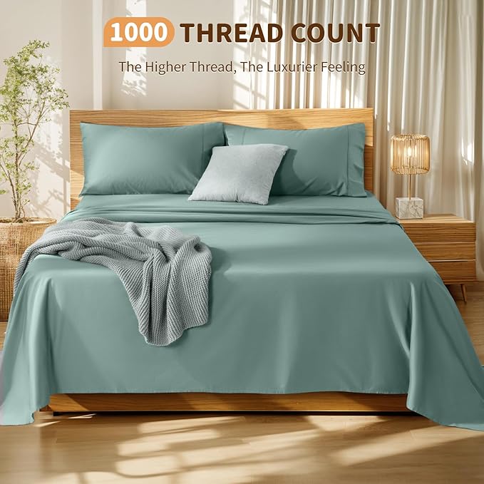 LBRO2M 100% Cotton Sheets Set Deep Pocket 19", 1000 Thread Count California King Size 4 Piece Bed Sheet Sets Soft Comfortable Bedding All Season (California King, Sage Green)