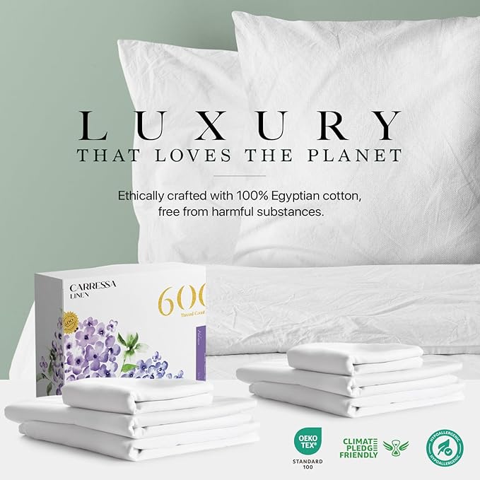 Carressa Linen 100% Egyptian Cotton Queen Sheet Set - 600 Thread Count Egyptian Cotton Queen Sheets Set (4 PC, Crisp White), Ultra Soft, Cooling, 16" Deep Pocket Sateen Weave Luxury Hotel Bed Sheet