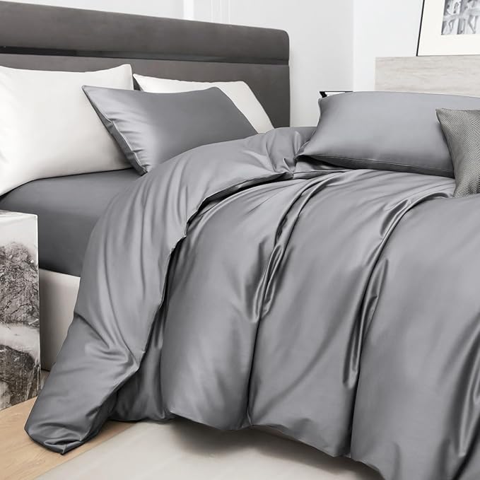 PURE ERA Duvet Cover Set 800 Thread Count Long Staple Cotton Sateen Silky Soft Luxurious Smooth 3 Piece Set Solid Deep Grey King