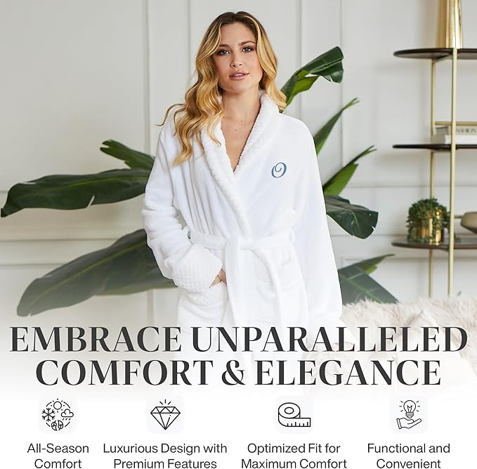 Lotus Linen Plush Robes for Women - Soft Bathrobe, Custom Monogram, Warm Fleece Robe with Pockets