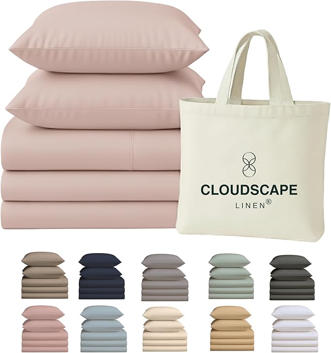 Cloud Scape Linen 100% Egyptian Cotton Split King Sheet Set for Adjustable Bed,400 Thread Count, 5 Pcs Bedding Set, Soft, Breathable and Durable, Deep Pockets up to 17, Sepia Rose