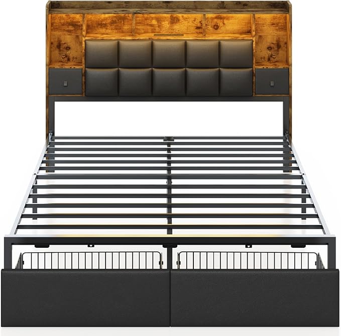 LED Bed Frame Queen Size with 2 Hidden Storage Drawers & Bookcase, PU Leather Headboard, Upholstered Platform Bed with Charging Station, Metal Slats Support, Noise Free, No Box Spring Needed