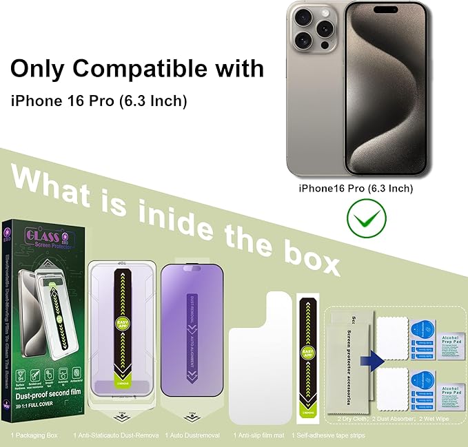 (2-Pack Anti Blue Light Matte Screen Protector for iPhone 16 Pro (6.3-Inch),9H Tempered Glass,Anti-Glare,Full Coverage,Anti-Fingerprint,Auto Dust Removal,Bubble-Free