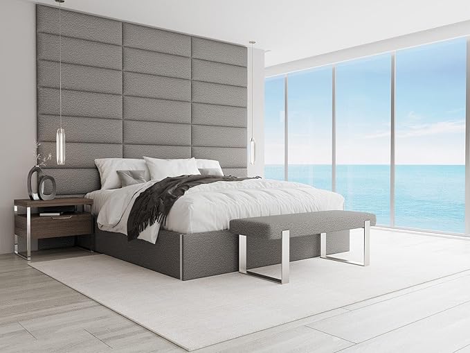 VANT Upholstered Bed Bench - Boucle Grey - Brushed Nickel - Contemporary Modern, Bedroom Bench Seat, Hallway, or Entryway
