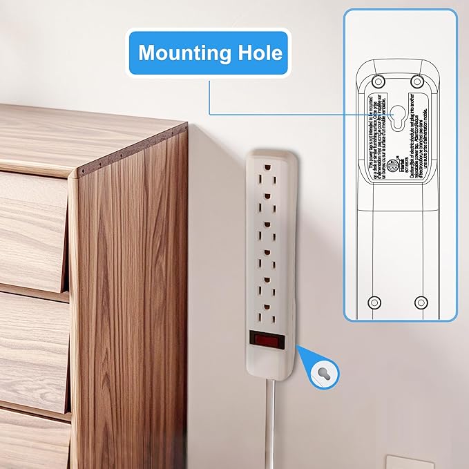 6-Outlet Surge Protector – 250 Joules, 2ft Cord, 15A/125V, 1875W Max – Right Angle Plug, Black – Home, Office, & Electronics Protection