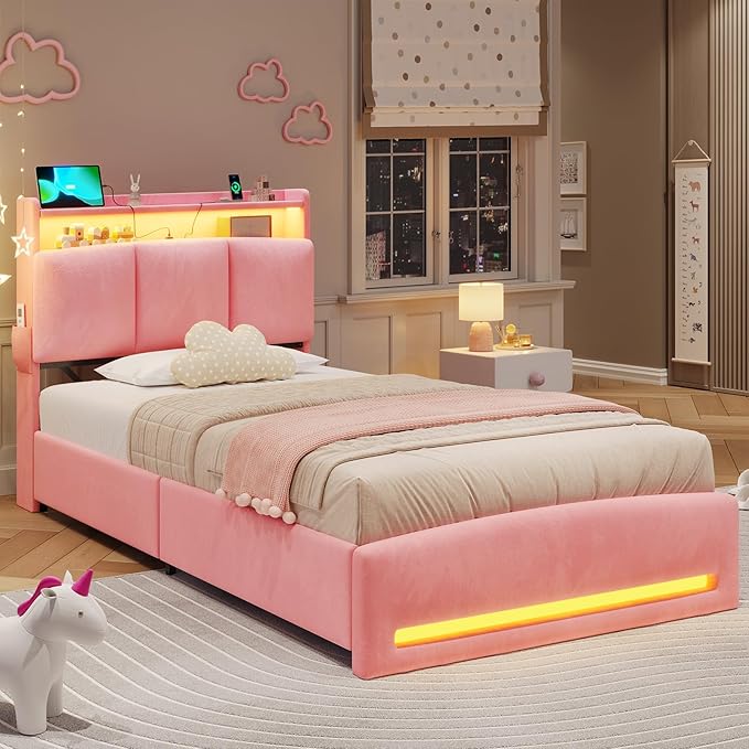 VIAGDO Twin Bed Frames with Storage Headboard and Charging Station, Velvet Upholstered Bed Frame Twin Size with 4 Drawers and LED Lights, Type C and USB, No Box Spring Needed, Pink