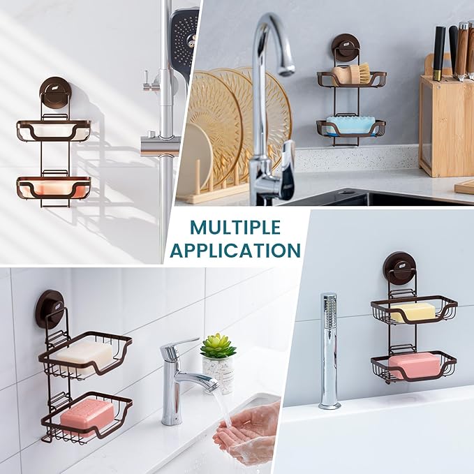TAILI Double Layer Soap Holder, Bar Soap Dish Suction Cup for Shower Wall, Draining Saver Tray for Bathroom, Rustproof Stainless Steel Sponge Holder for Tub, Kitchen, Drill-Free, Brown