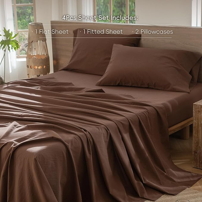MooMee Bedding Sheet Set 100% Washed Cotton Linen Like Textured Breathable Durable Soft Comfy (Solid Cocoa Brown, Full)