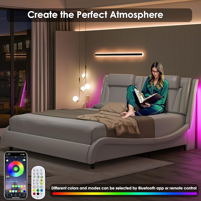 Keyluv Upholstered Platform Bed Frame with Adjustable LED Headboard, Pu Leather, Wave-Like Curve Design and Solid Wooden Slats Support, No Box Spring Needed, Noise Free, Modern, Queen, White