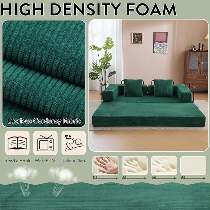 4-in-1 Convertible Folding Sleeper Sofa Bed, Fold Out Floor Sofa Couch with Fixed-Shape Frame, Cloud Corduroy Foldable Mattress Couch for Living Room Bedroom (78.5" Corduroy, Dark Green)