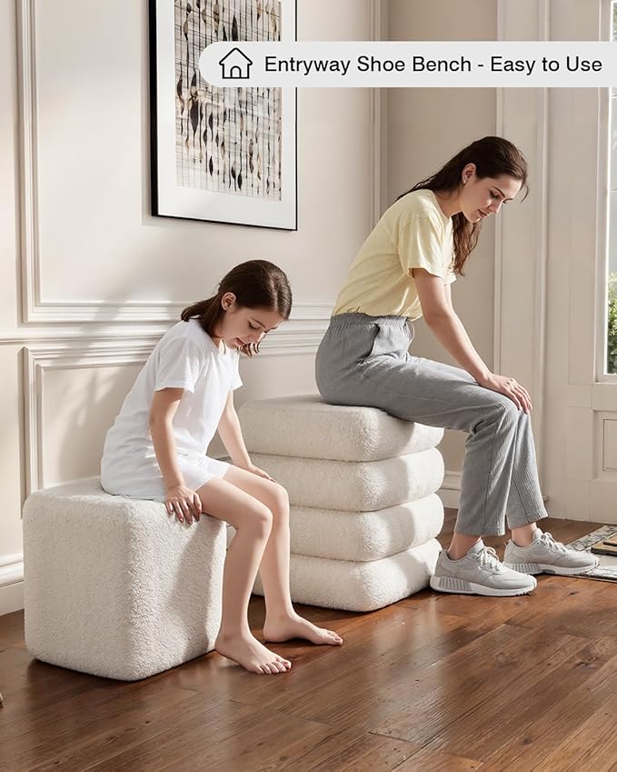 Square Set of 2 Sherpa Nesting Storage Ottoman Stool Boucle Vanity Stool Footstool with Removeable lid Load up to 440 lbs for Livingroom Bedroom White UASND69W