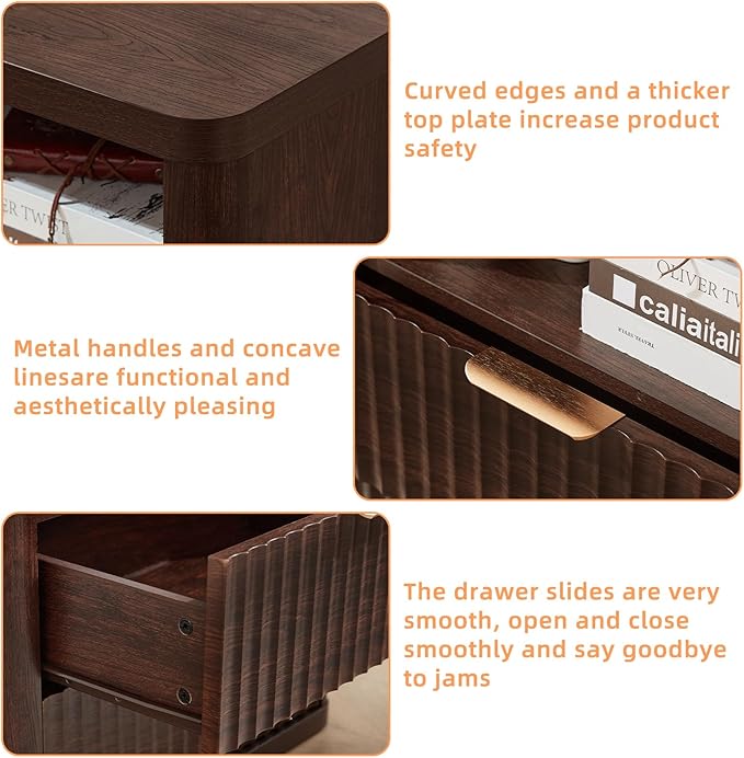 LEYAOYAO Fluted Farmhouse Nightstand Set of 2 with Charging Station, 23" Wide 2 Drawers Night Stand,Walnut Dresser for Bedroom,Bed Side Table Chest of Drawers,Wood End Table for Living Room