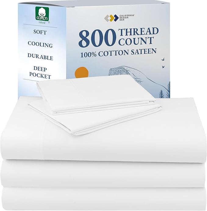 California Design Den Split King Sheets Sets for Adjustable Bed - Buttery Soft 800 Thread Count, 100% Cotton Sateen, Durable Bedding Set - White