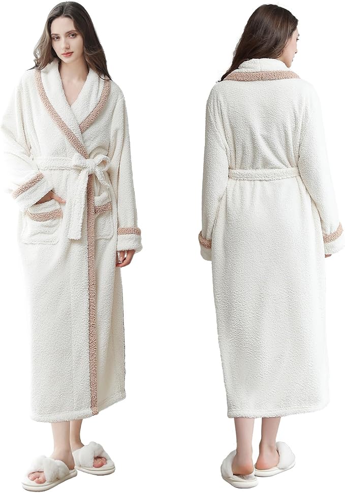 Oksun Womens Long Fleece Robe: Soft Fluffy Warm Bathrobe - Cozy Winter Housecoat Nigthgown with Chic Piping