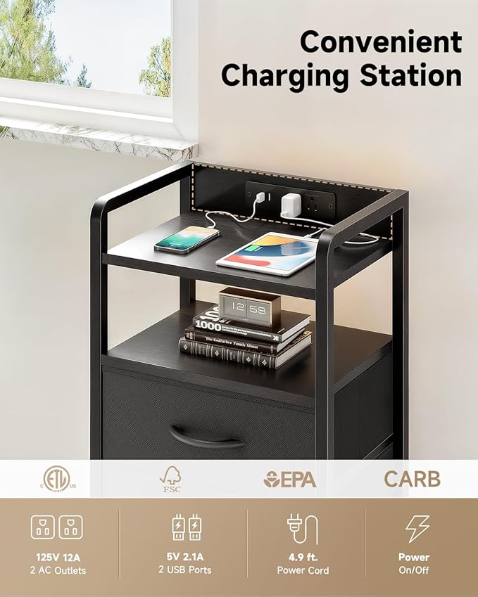 Night Stand Bedside Charger Bedroom - Nightstand with Charging Station & LED Light Strip, Night Stand with Storage Shelf & 2 Fabric Drawers, Morden End Table with U-S-B Ports & AC Outlets