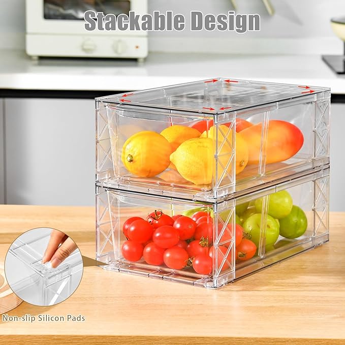 Clemate 6Pack Pantry Organizers and Storage,Clear Stackable Kitchen Storage Organizer,Foods Organizer Bins with Handles, Easily Assemble for Bathroom, Kitchen, Refrigerator, Pantry, Cabinet, Closet