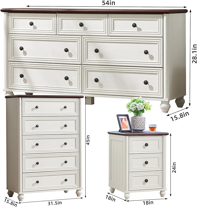 Farmhouse Dressers & Night Stand Set of 4, Wood 54" Wide Dresser & 45" Tall Chest of Drawers, 18" with Charging Station Nightstand Set of 2, Bedroom Furniture Dresser Set for Home Living Room Hallway