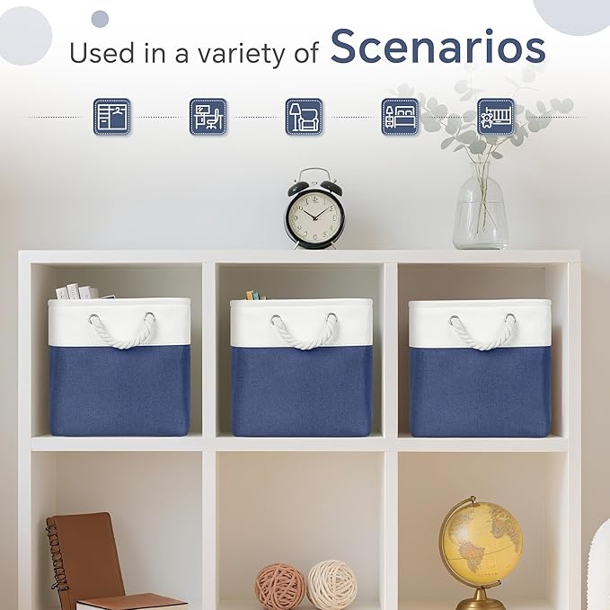 Cube Storage Baskets, 6 Pack 11x11 inch with Cotton Handles for Closet, Shelves, Clothes, Towel (White/Navy Blue)