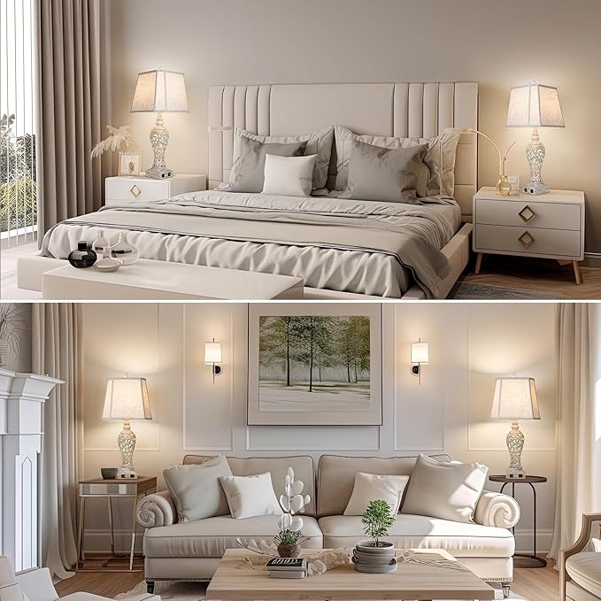 28.5" Table Lamps Set of 2 - Bedside Lamp with Fabric Shades - for Bedroom and Living Room with USB and Nightlight - Perfect for Nightstands and Bedrooms