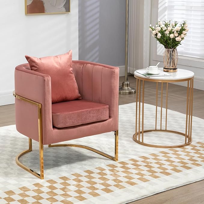Velvet Modern Accent Chairs Set of 2, Upholstered Barrel Armchair Mid Century with Pillow for Living Room, Comfy Single Vanity Chair with Metal Gold Legs for Bedroom, Pink