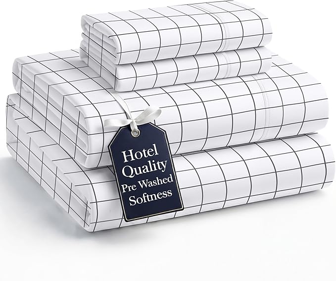 Casa Platino Bed Sheets California King Size, Pre-Washed Ultra Soft & Breathable California King Bed Sheets Set, 100% Hydro-Brushed Microfiber Cooling California King Sheets Deep Pocket - Windowpane