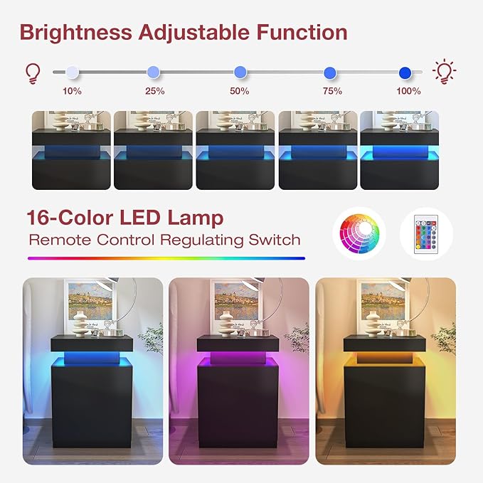 MXV Nightstand Set of 2 with LED Lights,Night Stand with Storage Cabinet for Bedroom,Bedside Table with LED (Black, 17.7IN)